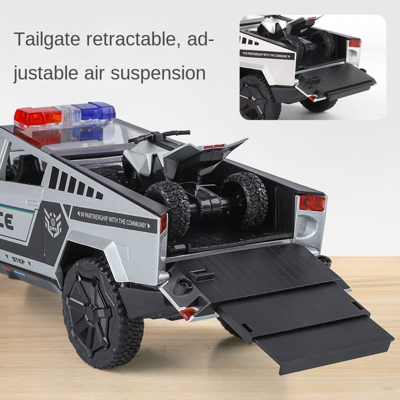 XHD 1:24 Tesla Cybertruck Police Model - Includes Mini Motorcycle, with Sound & Light, Opening Doors, Pull-Back, Shock Absorption & Steering