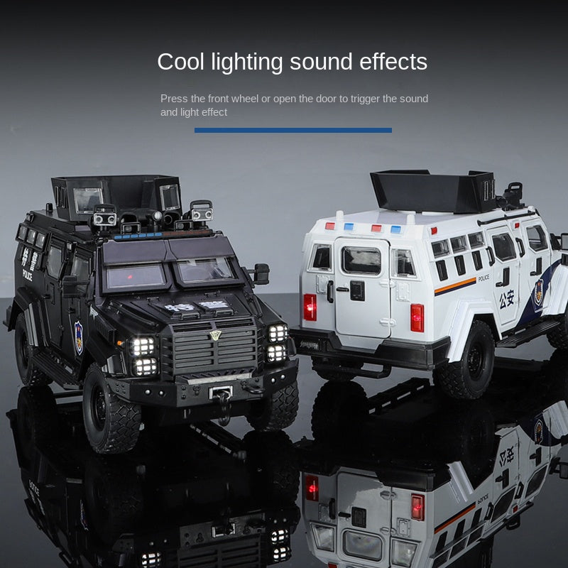 Jinglifang 1:24 Scale Die-Cast Alloy Model Toy Compatible with Leopard Armored Riot Vehicle - Opening Doors, Sound & Light, Pull-Back Function, Shock Absorption & Steering - Law Enforcement Vehicle Collection
