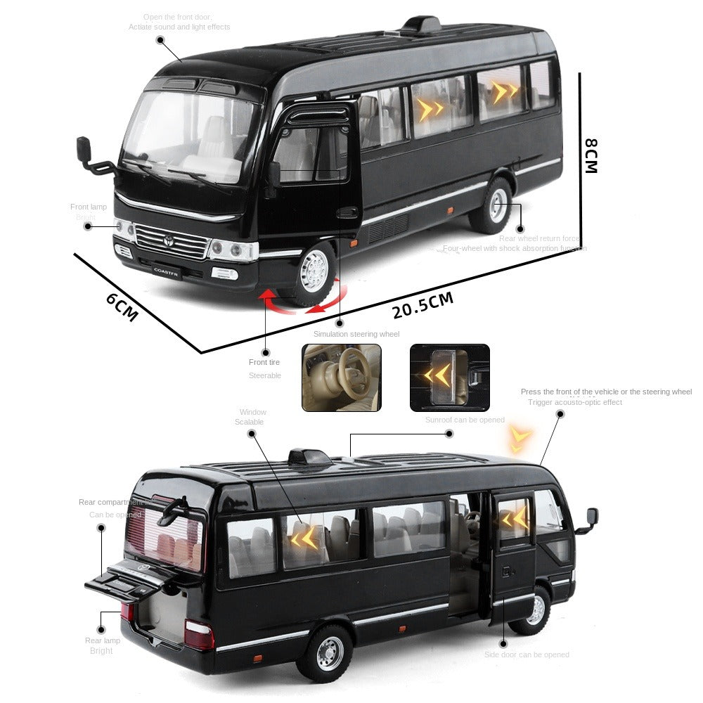 XHD 1:24 Die-Cast Alloy Model - Compatible with Toyota Coaster - Classic Minibus with Opening Doors, Sound & Light, Pull-Back Action, Shock Absorption & Steering