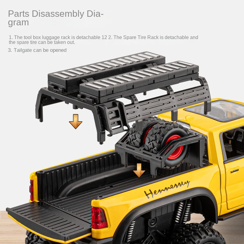 Chezhi 1:24 Die-Cast Alloy Model - Compatible with Dodge Ram Mammoth - Off-Road Pickup Truck with Truck Bed, Roof Rack & Tools, Opening Doors, Sound & Light, Pull-Back, Shock Absorption, Winch & Foldable Mirrors