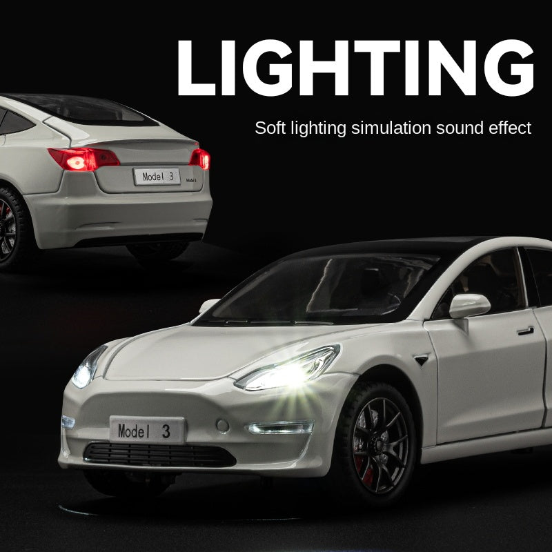 Chezhi 1:24 Die-Cast Alloy Model - Compatible with Tesla Model 3 & Travel Trailer - Electric Vehicle Caravan Set with Opening Doors, Sound & Light, Pull-Back Action, Shock Absorption & Steering