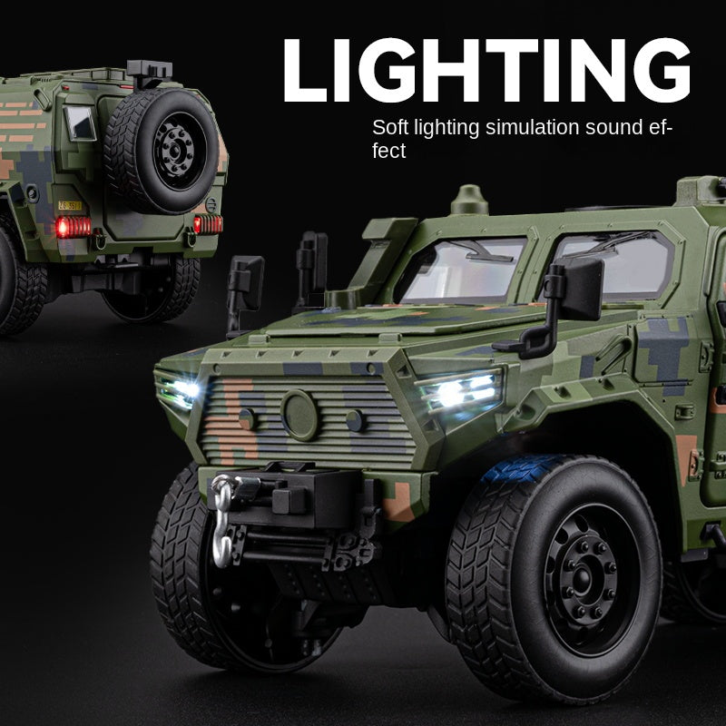 Chezhi 1:20 Armored Military Vehicle Alloy Model - Dongfeng Mengshi Style, with Extendable Winch, Opening Doors, Sound & Light, Pull-Back Action, Shock Absorption & Steering