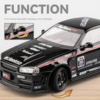 Chezhi 1:24 Scale Tuned Edition Die-Cast Alloy Model Toy Compatible with Nissan Skyline GT-R R34 - Opening Doors, Sound & Light, Pull-Back Function, Shock Absorption, Steering, Horn, Foldable Mirrors & Removable Fuel Cap - JDM Sports Car Collection