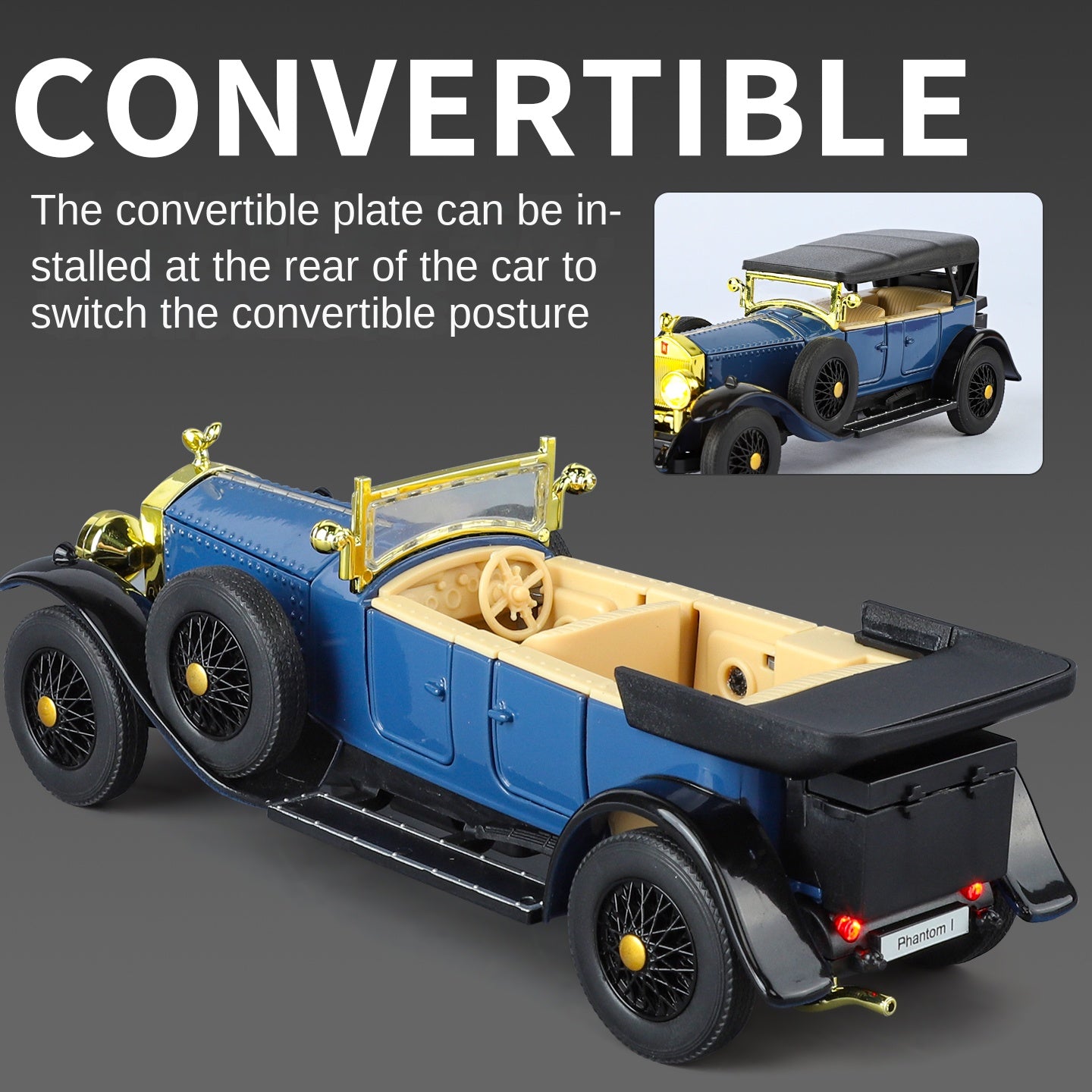 XHD 1:32 Scale Rolls-Royce Phantom I Die-Cast Alloy Model Toy - Removable Roof, Opening Doors, Sound & Light, Pull-Back Function - Vintage Luxury Collection