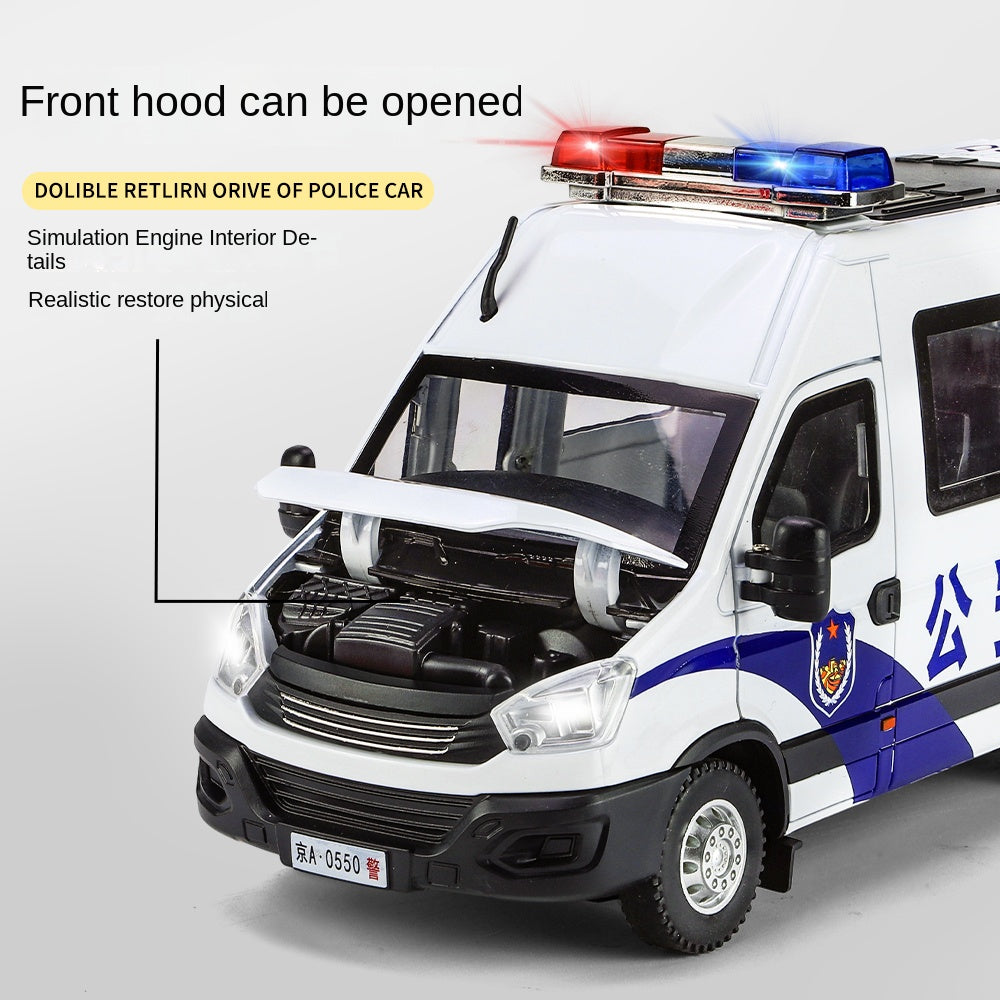 Jinglifang 1:24 Scale Die-Cast Alloy Model Toy Compatible with Iveco Police Vehicle - with Working Police Lights, Opening Doors, Sound & Light, Pull-Back Function, Shock Absorption & Steering - Law Enforcement Vehicle Collection