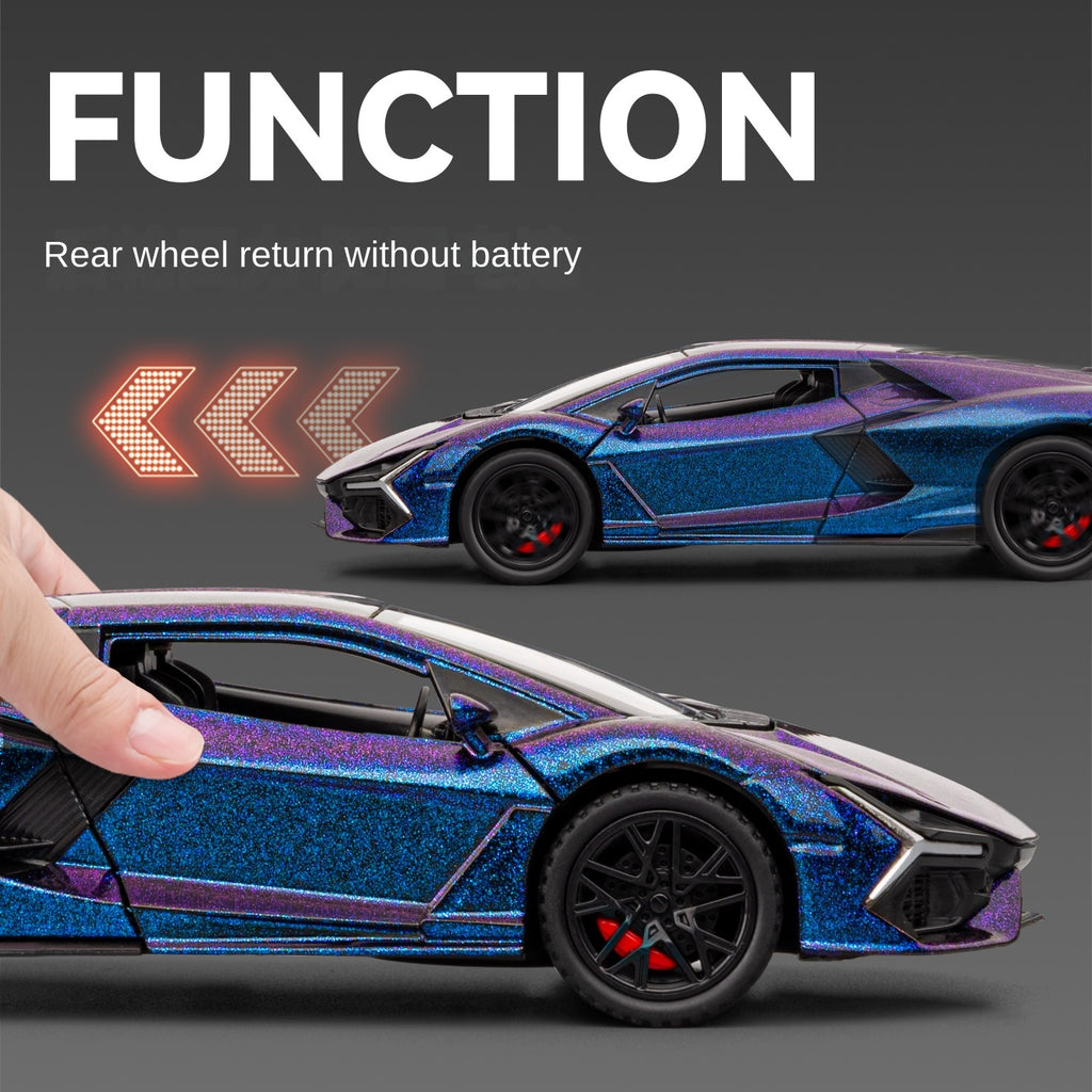 Modelo de juguete de aleación fundida a presión Chezhi a escala 1:32 compatible con Lamborghini Revuelto: puertas que se abren, sonido e iluminación, función de retroceso y alerón trasero ajustable - Colección de hipercoches híbridos