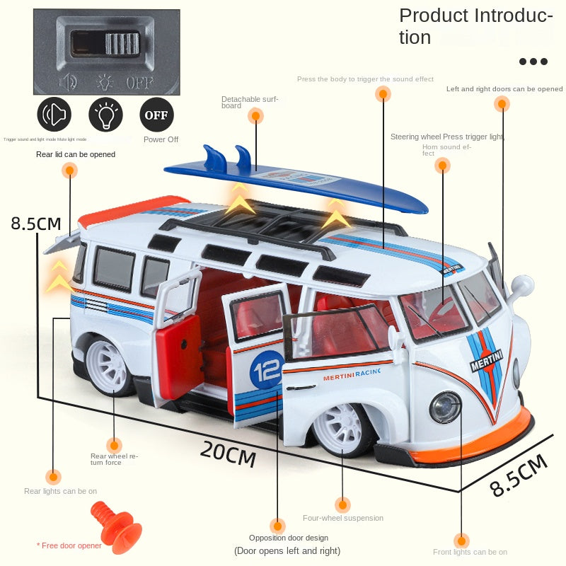 XHD 1:24 Die-Cast Alloy Model - Compatible with Volkswagen T1 Bus - Retro Camper Edition with Removable Roof Rack, Opening Doors, Sound & Light, Pull-Back Action, Shock Absorption & Horn