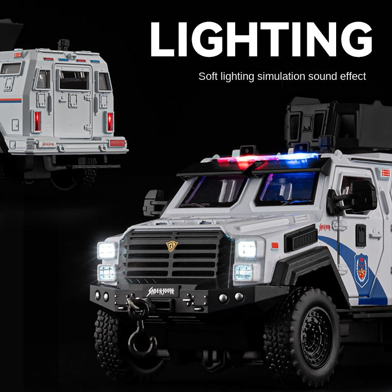 Chezhi 1:32 Licensed “Sabertooth” Armored Riot Control Vehicle Die-Cast Alloy Model - Official Police Tactical Vehicle with Opening Doors, Sound & Light, Pull-Back Action, Shock Absorption & Foldable Running Board