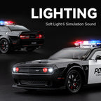 Chezhi 1:24 Die-Cast Alloy Model - Compatible with Dodge Challenger SRT Hellcat - Police Pursuit Vehicle with Opening Doors, Sound & Light, Pull-Back Action, Shock Absorption, Steering, Police Lights & Siren