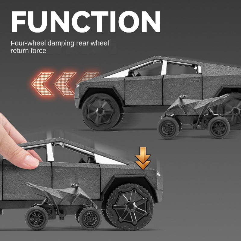 Chezhi 1:24 Scale Die-Cast Alloy Model Toy Set Compatible with Tesla Cybertruck + Camper Trailer + Mini Motorcycle - Opening Doors, Sound & Light, Pull-Back Function - Electric Adventure Collection