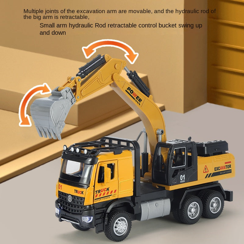XHD 1:35 Scale Engineering Excavator Die-Cast Alloy Model Toy with Interchangeable Attachments - Excavator Bucket / Pile Driver / Log Grapple, Opening Doors, Sound & Light, Pull-Back Function - Construction Vehicle Collection