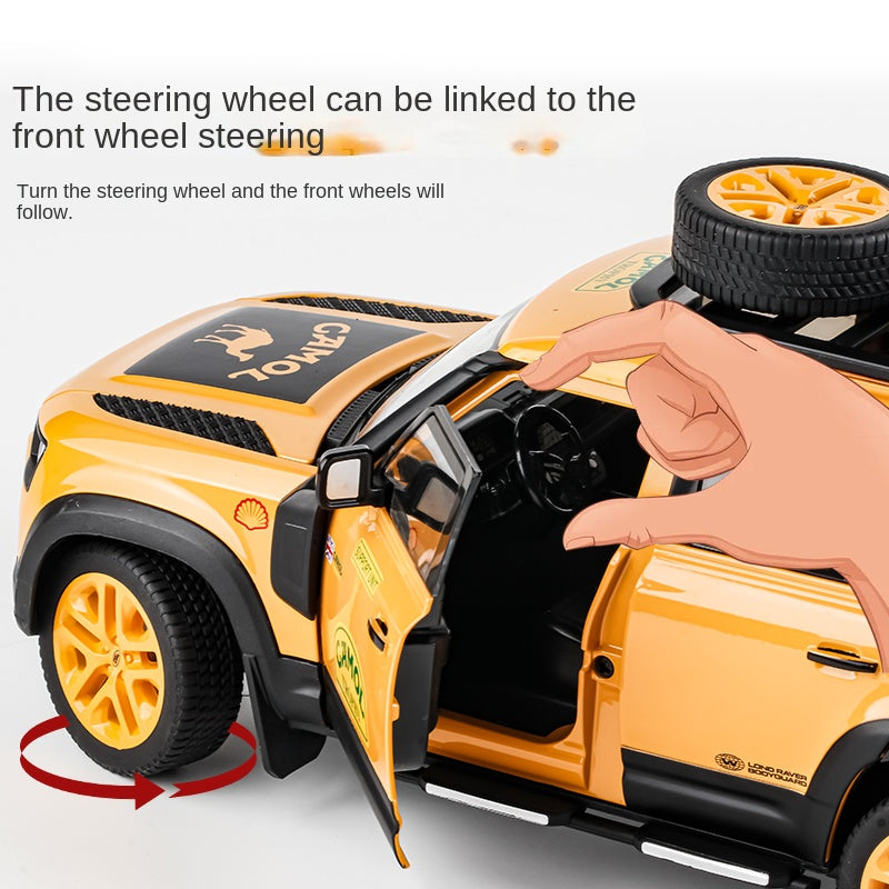 OK 1:18 Scale Die-Cast Alloy Model Toy Compatible with Land Rover Defender - Camel Trophy / Gulf Oil Liveries, with Roof Accessories, Opening Doors, Sound & Light, Shock Absorption, Steering & Horn - Classic Off-Road Collection