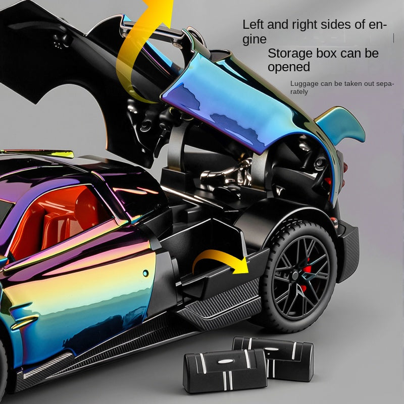 Maqueta de juguete de aleación fundida a presión XHD a escala 1:24, edición cromada, compatible con Pagani Huayra BC: puertas que se abren, sonido e iluminación, función de retroceso, amortiguación, dirección y bocina - Colección Hypercar