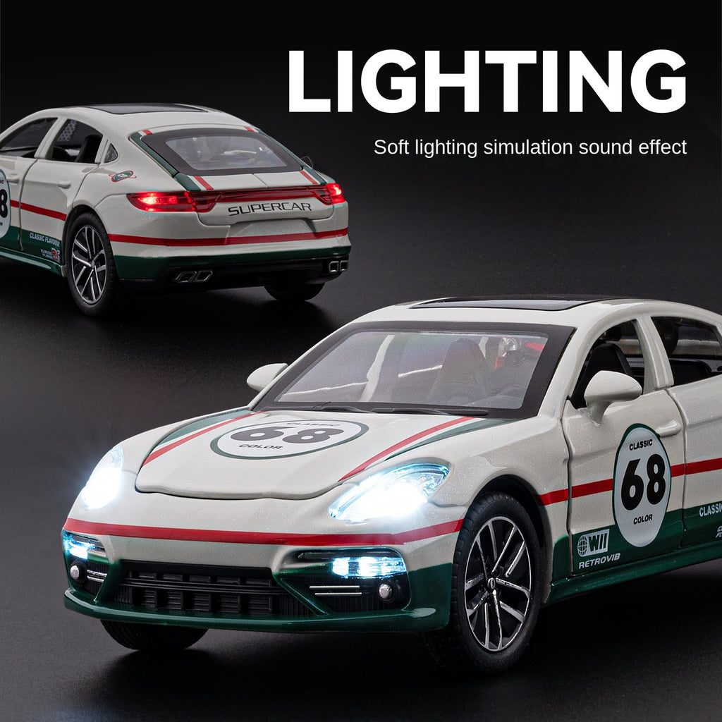 Modelo de juguete Chezhi a escala 1:32 de aleación fundida a presión, compatible con Porsche Panamera Track Edition. Puertas que se abren, sonido e iluminación, función de retroceso y alerón trasero ajustable. Colección de sedán deportivo.