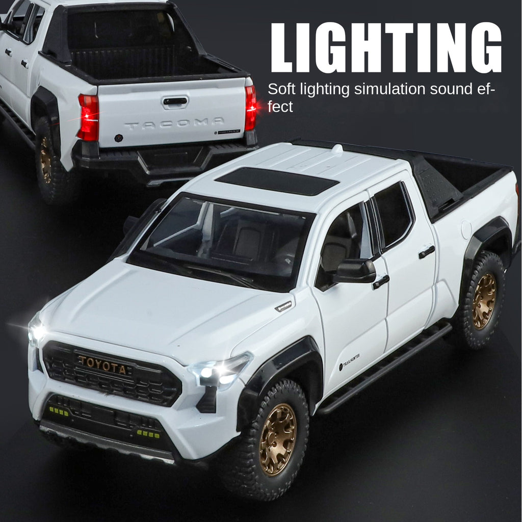 ZGTX 1:24 Scale Licensed Toyota Tacoma Die-Cast Alloy Pickup Truck Model Toy - Opening Doors, Sound & Light, Pull-Back Function, Shock Absorption, Steering, Horn & Removable Roof Rack - Off-Road Truck Collection