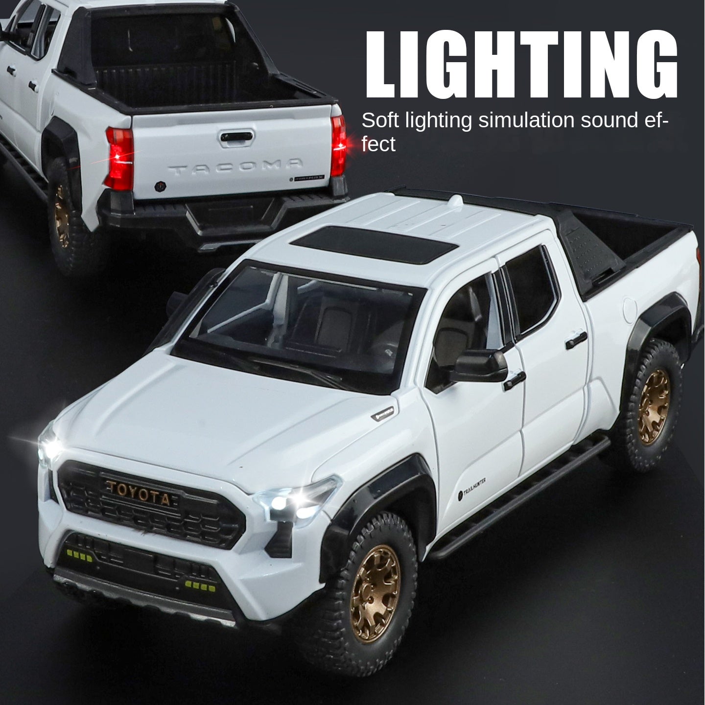 ZGTX 1:24 Scale Licensed Toyota Tacoma Die-Cast Alloy Pickup Truck Model Toy - Opening Doors, Sound & Light, Pull-Back Function, Shock Absorption, Steering, Horn & Removable Roof Rack - Off-Road Truck Collection