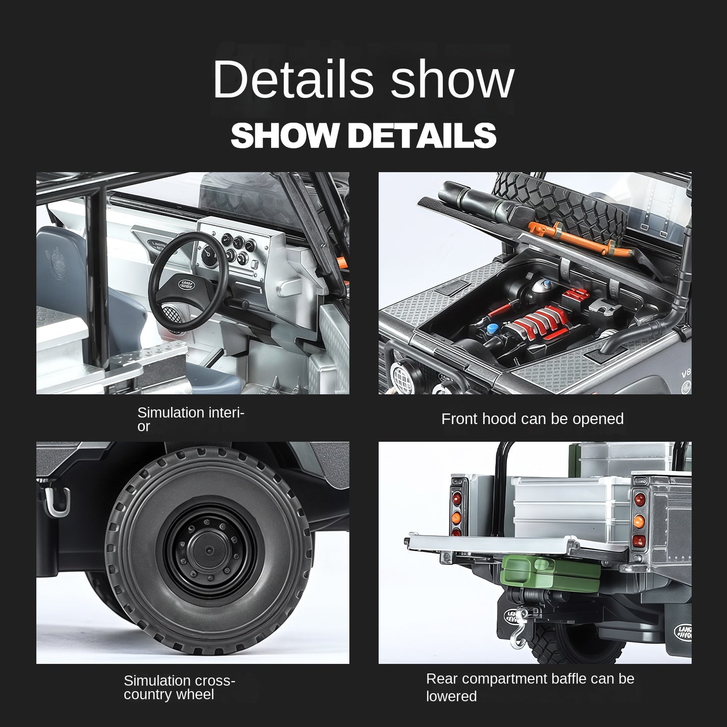 Jin Lifang 1:24 Die-Cast Alloy Model - Compatible with Land Rover Defender Off-Road Edition - Feature-Packed with Detachable Roof Accessories, Winch, Opening Doors, Realistic Sound & Light, Pull-Back Action & Shock Absorption - Collector's Edition