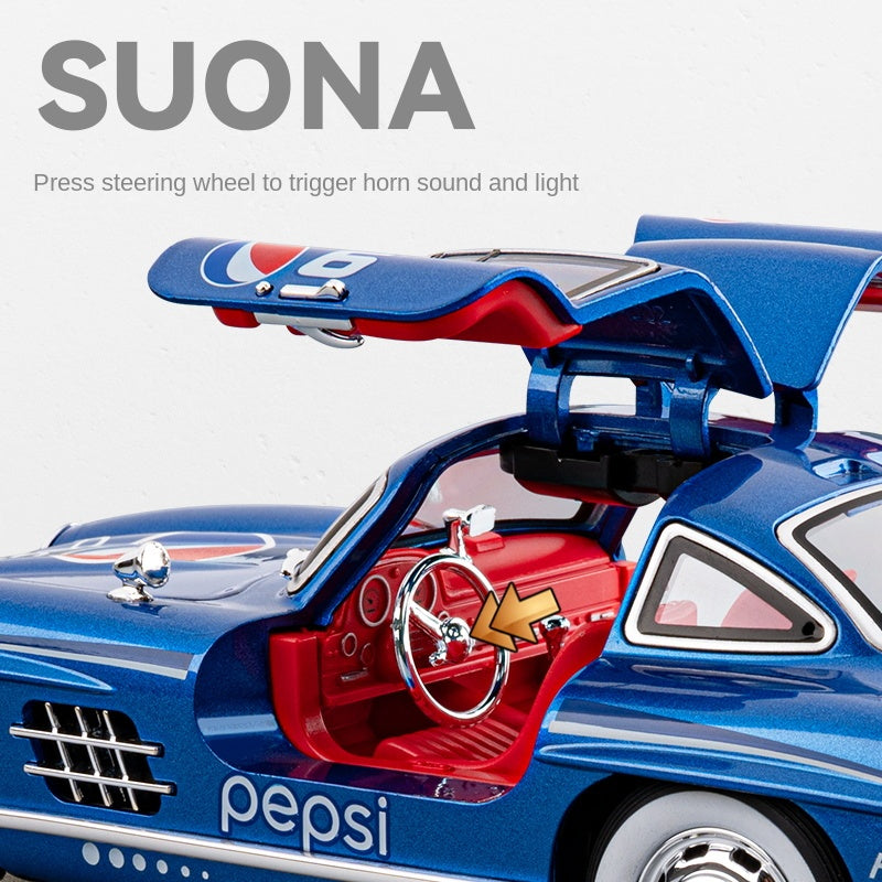 Chezhi 1:24 Scale Coca-Cola Livery Edition Die-Cast Alloy Model Toy Compatible with Mercedes-Benz 300SL - Opening Doors, Sound & Light, Pull-Back Function, Shock Absorption, Steering & Horn - Classic Sports Car Collection