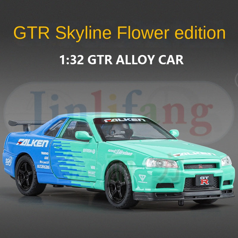 Jin Lifang 1:32 Die-Cast Alloy Model - Compatible with Nissan Skyline GT-R (R34) - JDM Icon with Racing Livery, Opening Doors, Sound & Light & Pull-Back Action