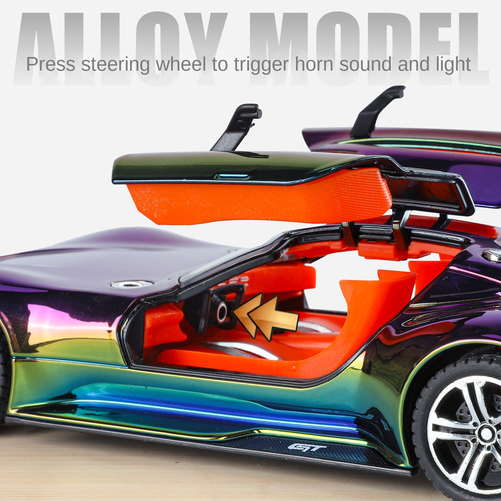 XHD 1:24 Chrome Edition Die-Cast Alloy Model - Compatible with Mercedes-AMG Vision GT Concept Car - Feature-Packed with Opening Doors, Realistic Sound & Light, Pull-Back Action, Shock Absorption & Steering
