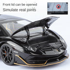 Lamborghini Aventador SVJ63 Black Mamba a escala 1:18, modelo de aleación fundida a presión con licencia: techo desmontable, puertas que se abren, sonido e iluminación, amortiguación, dirección y bocina. Colección de superdeportivos de edición limitada.