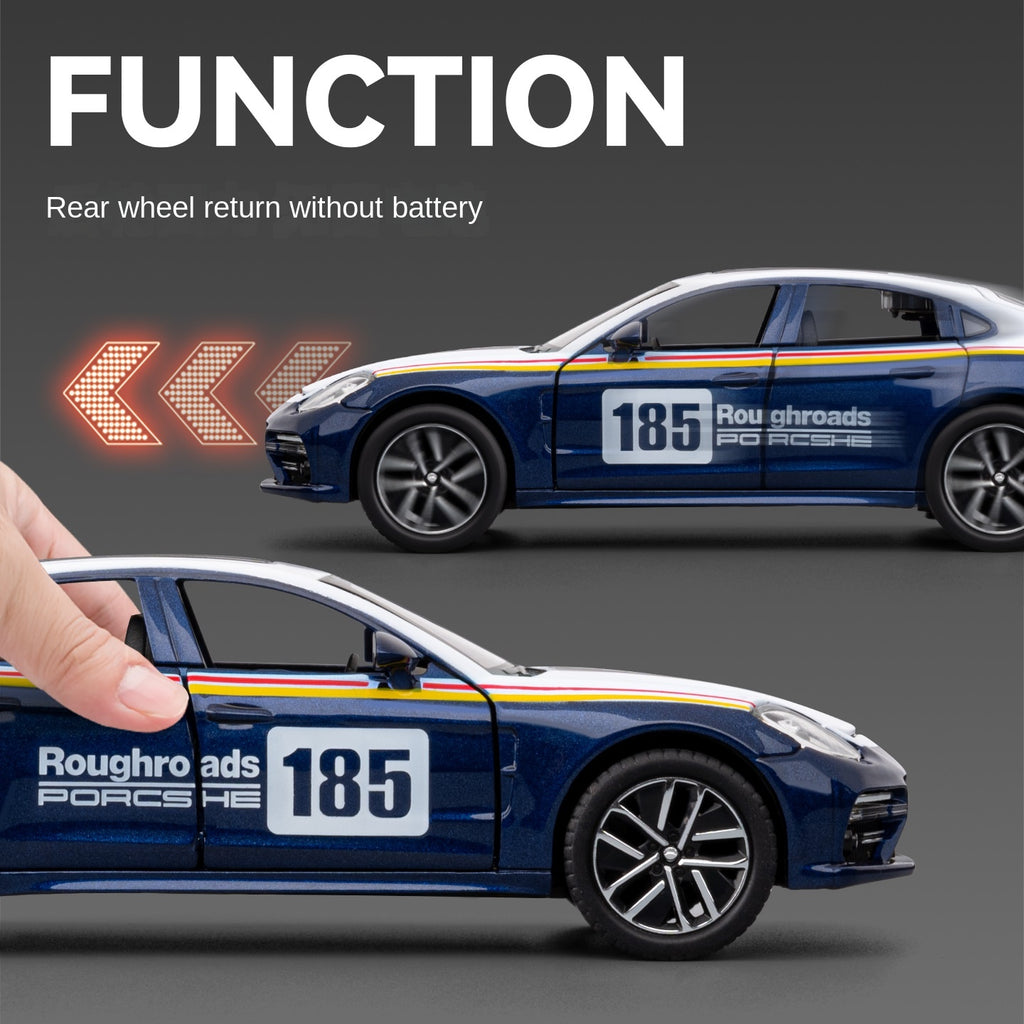 Modelo de juguete Chezhi a escala 1:32 de aleación fundida a presión, compatible con Porsche Panamera Track Edition. Puertas que se abren, sonido e iluminación, función de retroceso y alerón trasero ajustable. Colección de sedán deportivo.