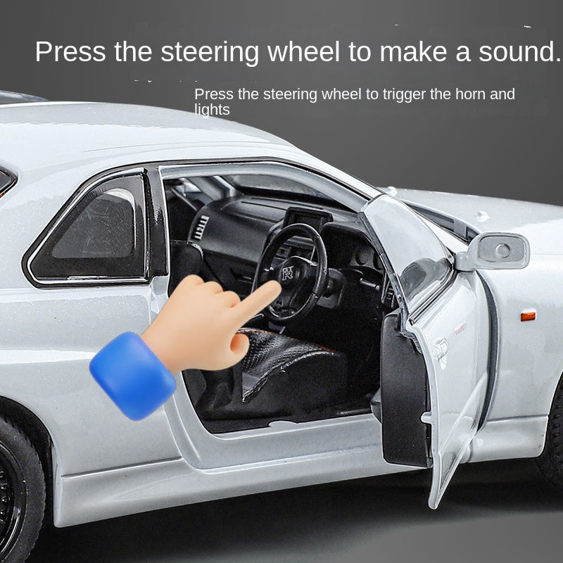 Jinglifang 1:24 Scale Die-Cast Alloy Model Toy Compatible with Nissan Skyline GT-R R34 - Opening Doors, Sound & Light, Pull-Back Function, Shock Absorption & Steering - JDM Sports Car Collection