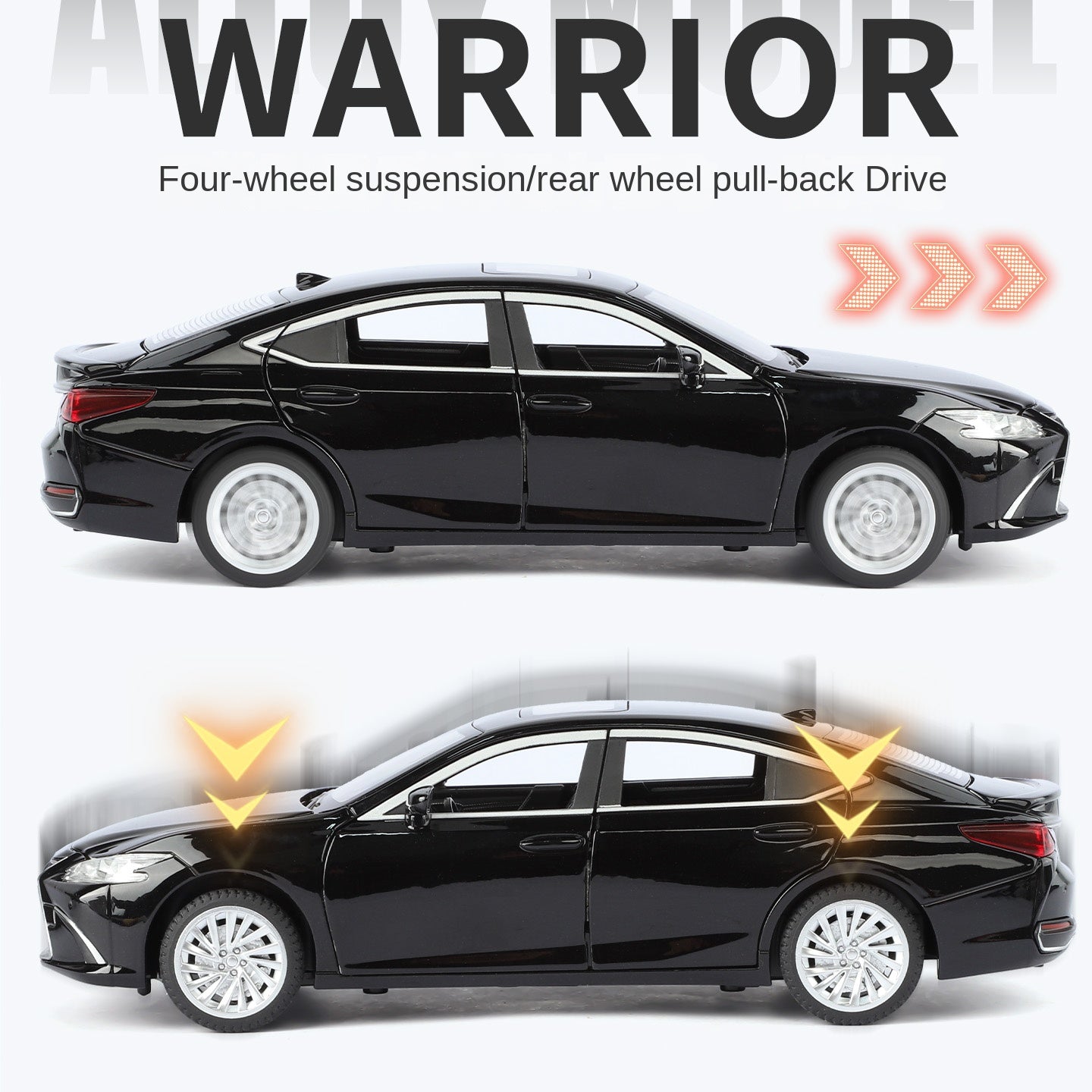 Juguete modelo de aleación fundida a presión a escala 1:24 compatible con Lexus ES300h: puertas que se abren, sonido e iluminación, función de retroceso, amortiguación, dirección, bocina y espejos plegables. Colección de sedanes de lujo.