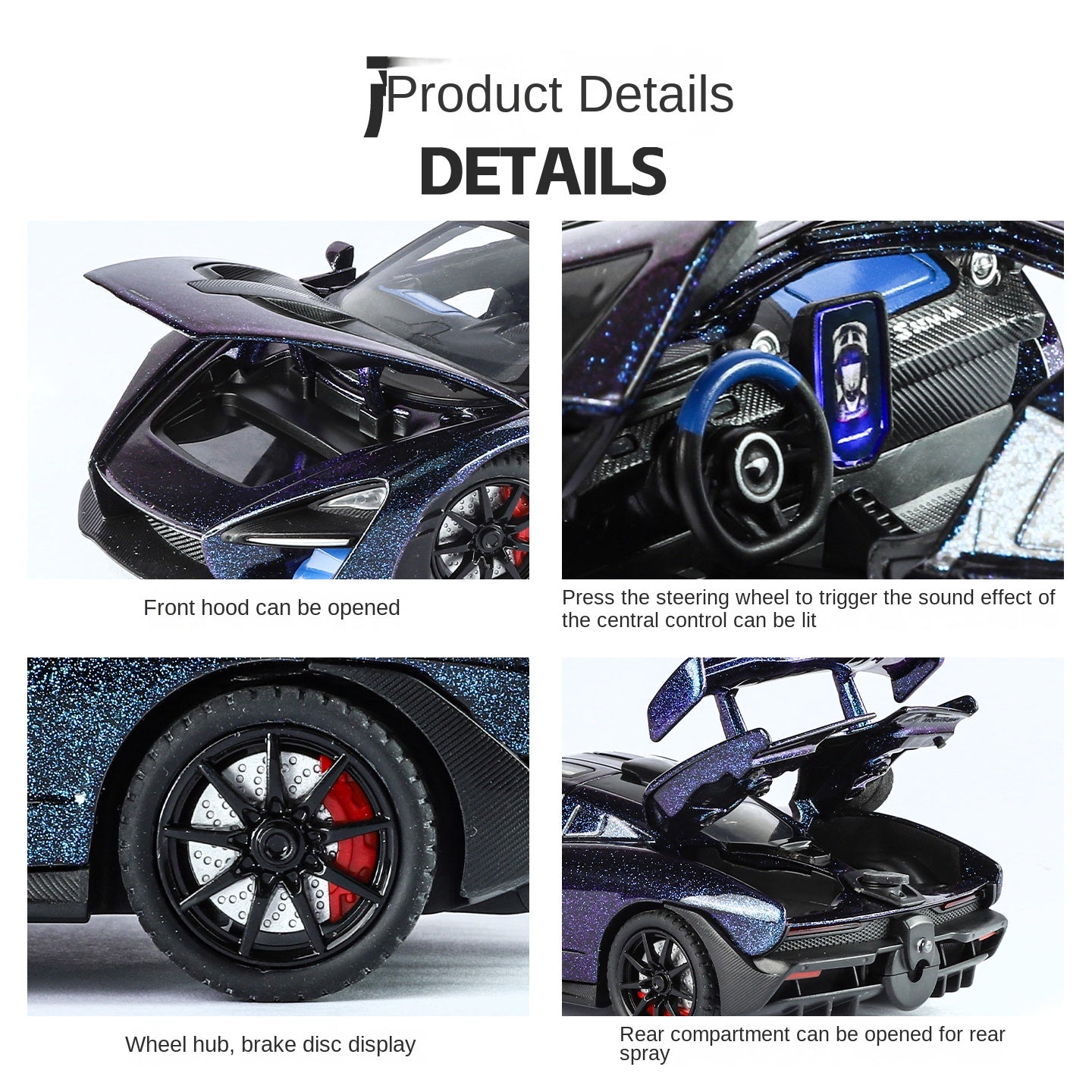 McLaren Senna, modelo de aleación fundida a presión, edición Smoke Effect, escala XHD 1:24: puertas que se abren, sonido e iluminación, función de retroceso, amortiguación, dirección y bocina - Colección Hypercar