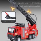 XHD 1:35 Scale Aerial Ladder Fire Truck Die-Cast Alloy Model Toy - Press-to-Spray Water, Extendable & Elevating Ladder, Opening Doors, Sound & Light, Pull-Back Function - Emergency Rescue Collection