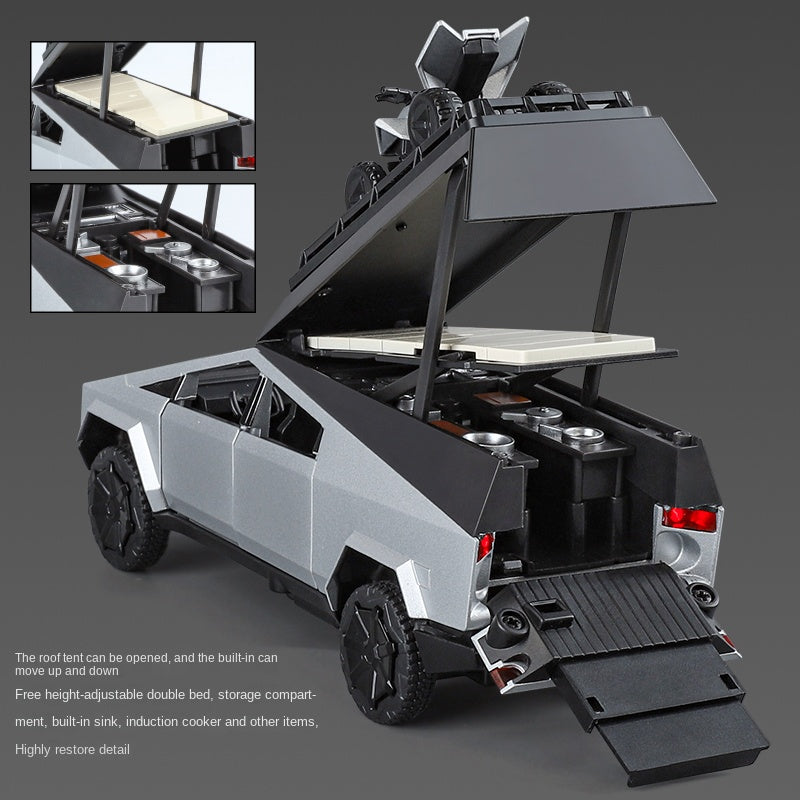 XHD 1:32 Die-Cast Alloy Model - Compatible with Tesla Cybertruck Camper - Off-Grid Camping Set with Mini Motorcycle, Opening Doors, Sound & Light, Pull-Back Action & Shock Absorption