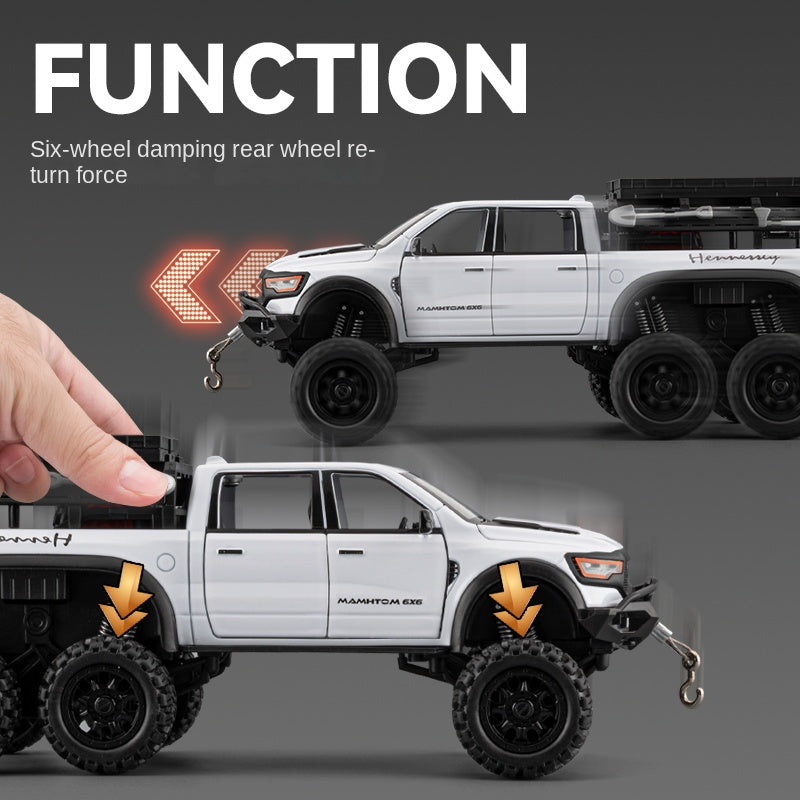 Chezhi 1:24 Die-Cast Alloy Model - Compatible with Dodge Ram Mammoth - Off-Road Pickup Truck with Truck Bed, Roof Rack & Tools, Opening Doors, Sound & Light, Pull-Back, Shock Absorption, Winch & Foldable Mirrors