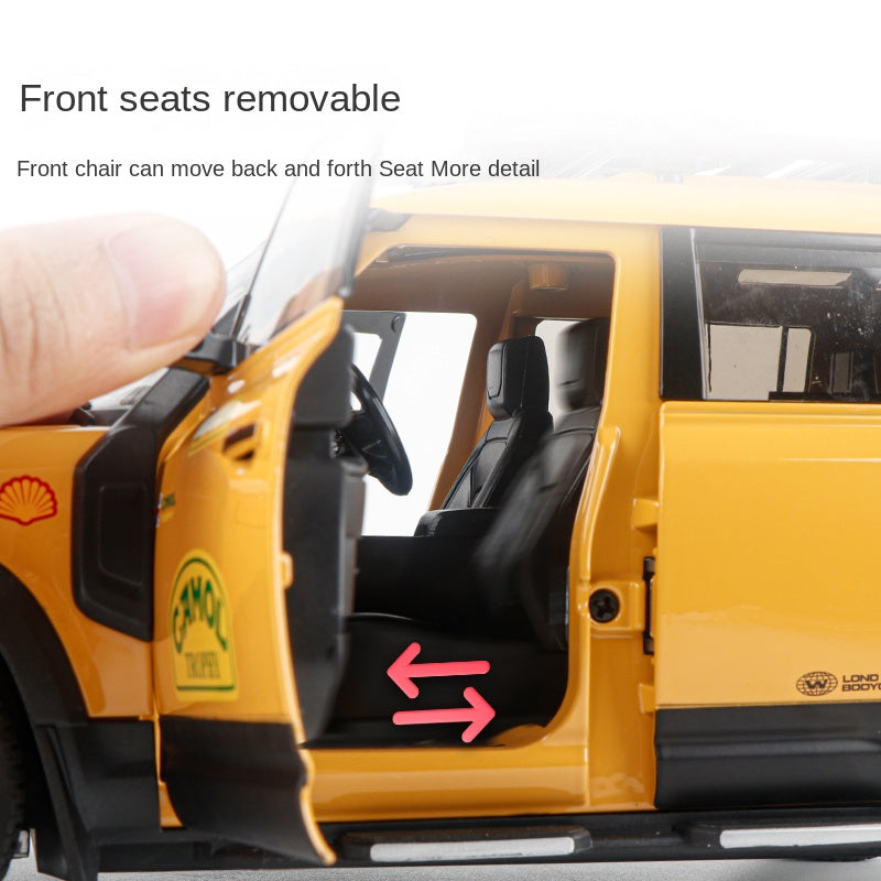 OK 1:18 Scale Die-Cast Alloy Model Toy Compatible with Land Rover Defender - Camel Trophy / Gulf Oil Liveries, with Roof Accessories, Opening Doors, Sound & Light, Shock Absorption, Steering & Horn - Classic Off-Road Collection