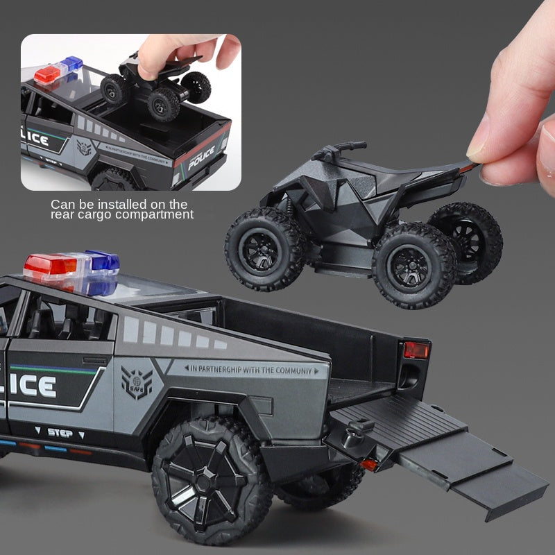 XHD 1:24 Tesla Cybertruck Police Model - Includes Mini Motorcycle, with Sound & Light, Opening Doors, Pull-Back, Shock Absorption & Steering