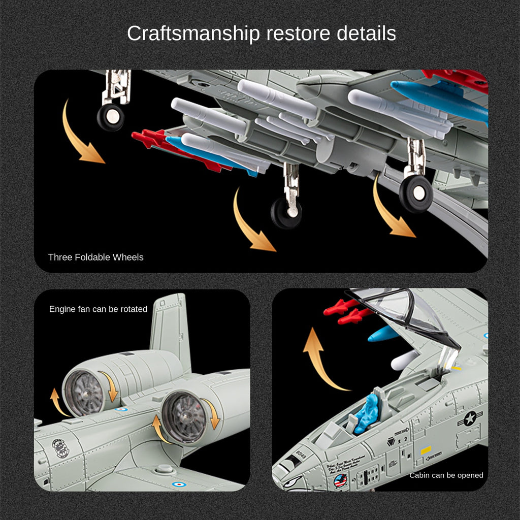 Modelo de avión de juguete Chezhi A-10 Thunderbolt II de aleación fundida a presión con soporte de exhibición - Misiles eyectables, sonido y luz - Colección de aviones militares