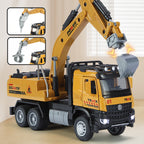XHD 1:35 Scale Engineering Excavator Die-Cast Alloy Model Toy with Interchangeable Attachments - Excavator Bucket / Pile Driver / Log Grapple, Opening Doors, Sound & Light, Pull-Back Function - Construction Vehicle Collection