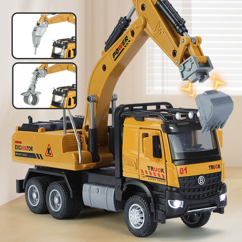 XHD 1:35 Scale Engineering Excavator Die-Cast Alloy Model Toy with Interchangeable Attachments - Excavator Bucket / Pile Driver / Log Grapple, Opening Doors, Sound & Light, Pull-Back Function - Construction Vehicle Collection