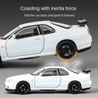 Jinglifang 1:32 Scale Die-Cast Alloy Model Toy Compatible with Nissan Skyline GT-R R34 - Opening Doors, Sound & Light, Pull-Back Function - JDM Sports Car Collection
