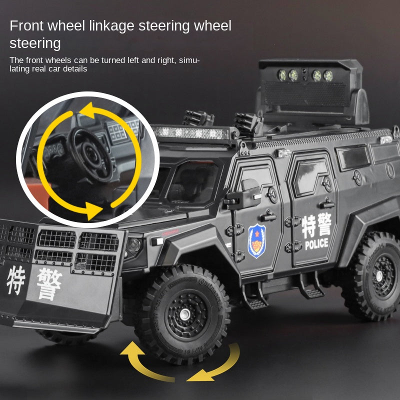 OK 1:24 Die-Cast Alloy Riot Control & Dispersion Vehicle “Spinosaurus” Model - with Deployable Protective Mesh, Opening Doors, Sound & Light, Pull-Back Action, Shock Absorption & Interactive Steering Wheel