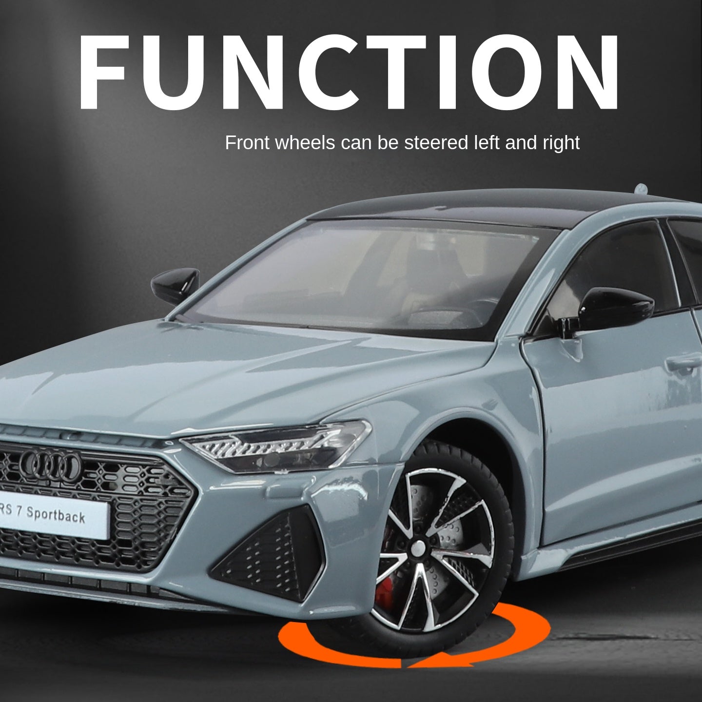 HaoChi 1:24 Scale Licensed Audi RS7 with Grille Flashing Lights Die-Cast Alloy Model Toy - Opening Doors, Sound & Light, Pull-Back Function, Shock Absorption, Steering, Horn & Adjustable Rear Wing - Sports Car Collection