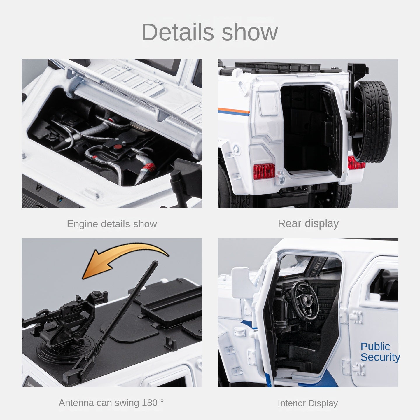 Vehículo blindado policial Dongfeng Mengshi Chezhi a escala 1:32, modelo de aleación fundida a presión. Cabrestante retráctil, puertas que se abren, sonido e iluminación, función de retroceso. Colección de vehículos policiales.