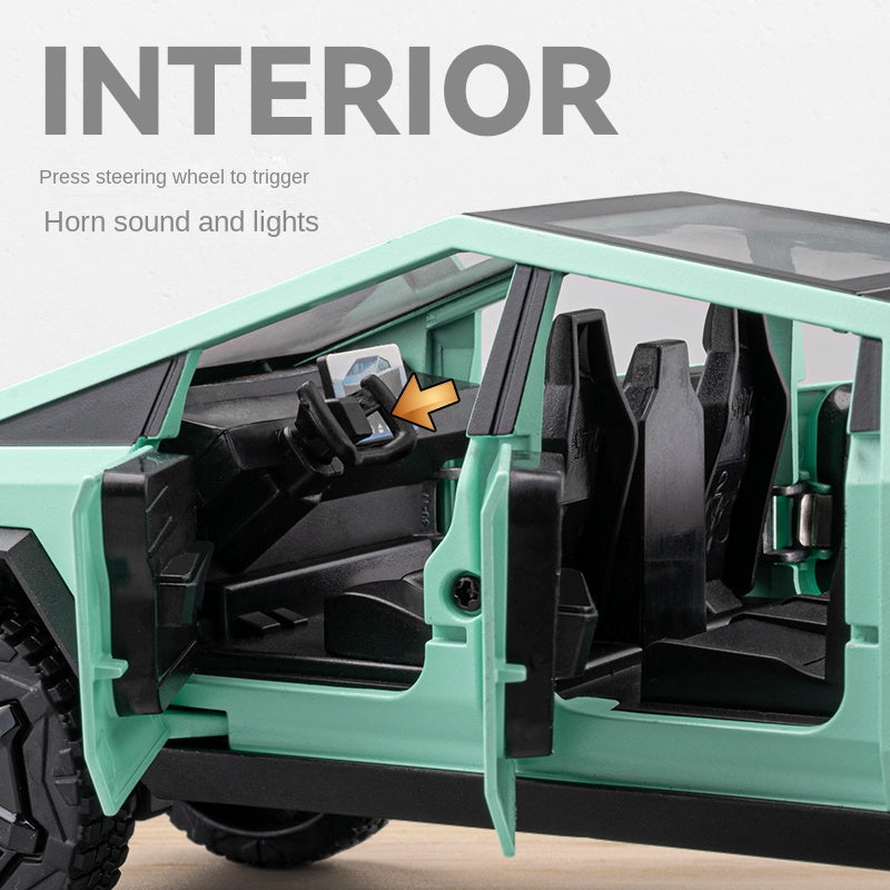 Chezhi 1:24 Scale Die-Cast Alloy Model Toy Set Compatible with Tesla Cybertruck + Camper Trailer + Mini Motorcycle - Opening Doors, Sound & Light, Pull-Back Function - Electric Adventure Collection