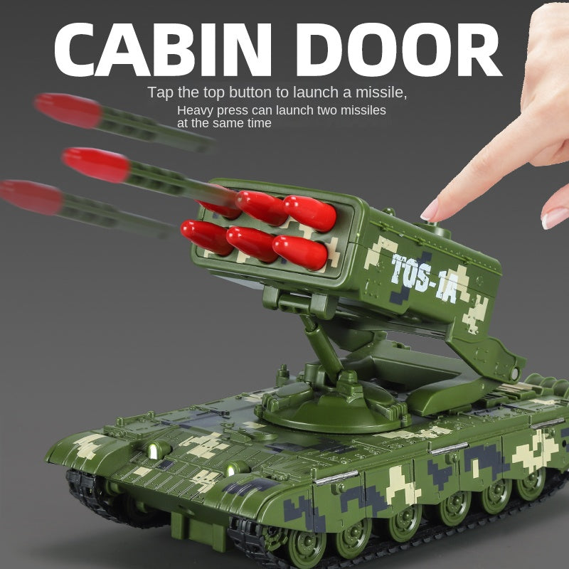 XHD 1:35 Scale TOS-1 Heavy Rocket Launcher Tank Die-Cast Alloy Battle Vehicle Model Toy - Smoke Effect, Ejectable Missiles, Sound & Light, Pull-Back Function - Military Vehicle Collection