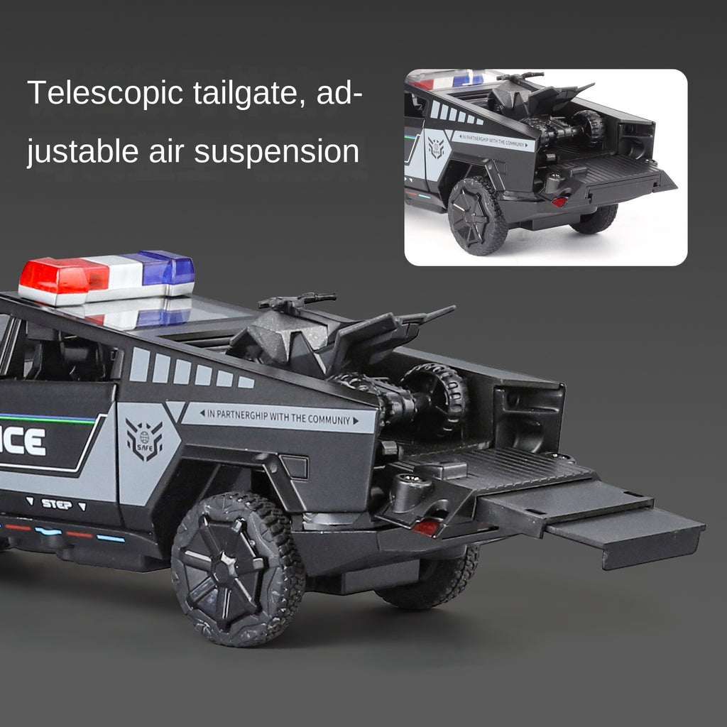 Tesla Cybertruck Police Edition - Maqueta de juguete de aleación fundida a presión a escala 1:32 XHD con motocicleta de juguete: puertas que se abren, sonido e iluminación, función de retroceso y amortiguación - Colección de vehículos policiales