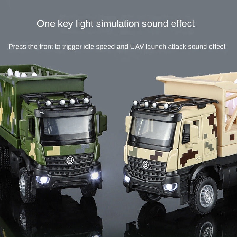 XHD 1:35 Scale UAV Launch Vehicle Die-Cast Alloy Model Toy - Elevating Drone Loading Compartment, Ejectable Drone, Opening Doors, Sound & Light, Pull-Back Function - Military Tech Collection