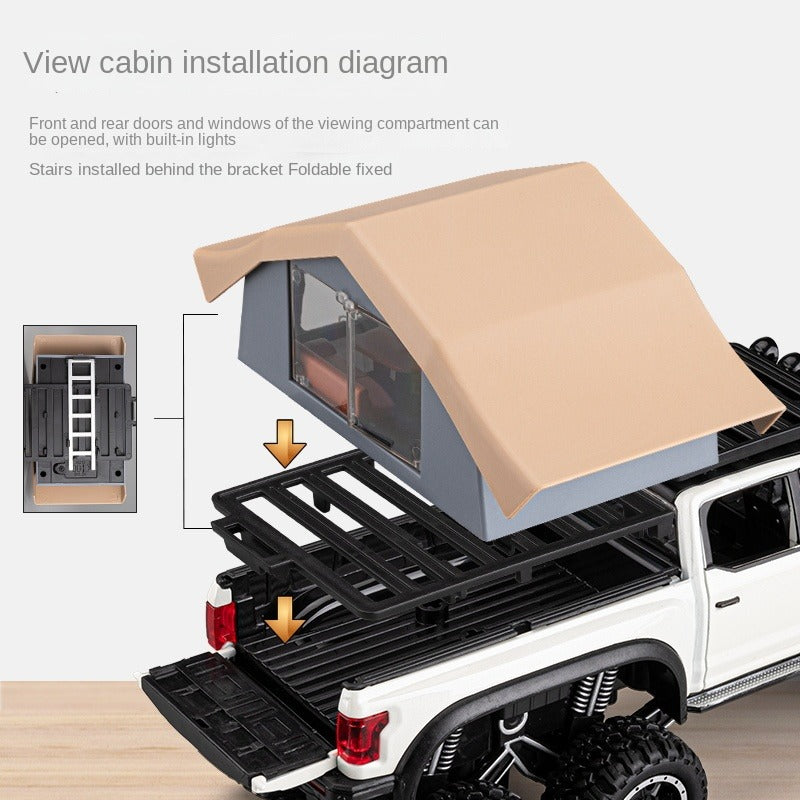 Chezhi 1:24 Scale Ford F-150 Raptor 6x6 RV Die-Cast Alloy Model Toy with Roof Accessories & Observation Cabin - Opening Doors, Sound & Light, Pull-Back Function & Shock Absorption - Adventure Camper Collection