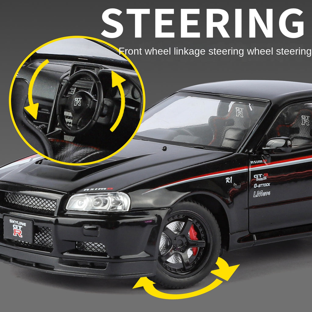 Jinglifang 1:24 Scale Die-Cast Alloy Model Toy Compatible with Nissan GT-R - Opening Doors, Sound & Light, Pull-Back Function, Shock Absorption, Steering & Foldable Mirrors - JDM Sports Car Collection