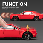 Chezhi 1:24 Scale Die-Cast Alloy Model Toy Compatible with Dodge Challenger Hellcat - Opening Doors, Sound & Light, Pull-Back Function, Shock Absorption, Steering, Horn & Foldable Mirrors - Muscle Car Collection
