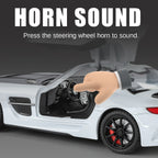 Juguete modelo de aleación fundida a presión XHD a escala 1:24 compatible con Mercedes-Benz SLS AMG: puertas que se abren, sonido e iluminación, función de retroceso, amortiguación, dirección, bocina y espejos plegables - Colección de superdeportivos