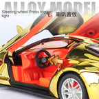 XHD 1:24 Scale Chrome Edition Die-Cast Alloy Model Toy Compatible with Bugatti Atlantic - Opening Doors, Sound & Light, Pull-Back Function, Shock Absorption, Steering, Horn with Mini Luggage Set - Classic Car Collection